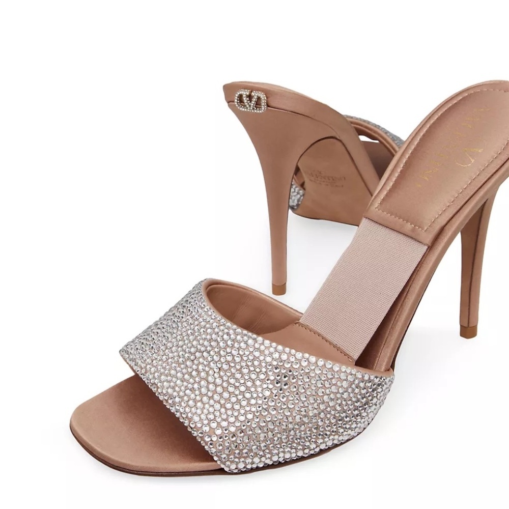Valentino Private Crystal Satin Stiletto Mules Color: ROSE CANNELLE/CRYSTAL